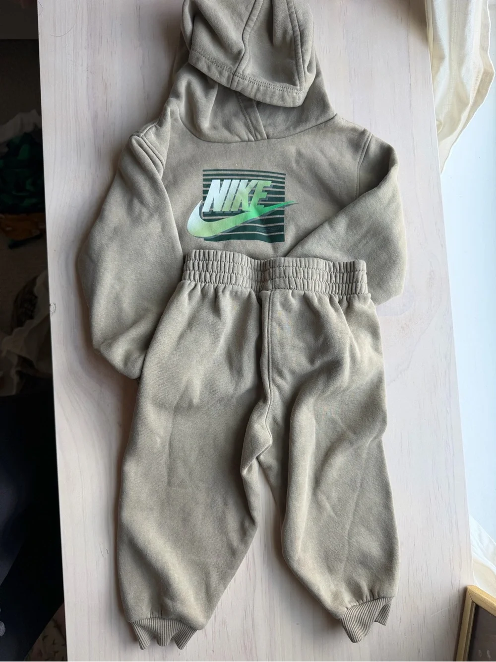 Nike Beige Hoodie and Joggers with Green Logo Accent